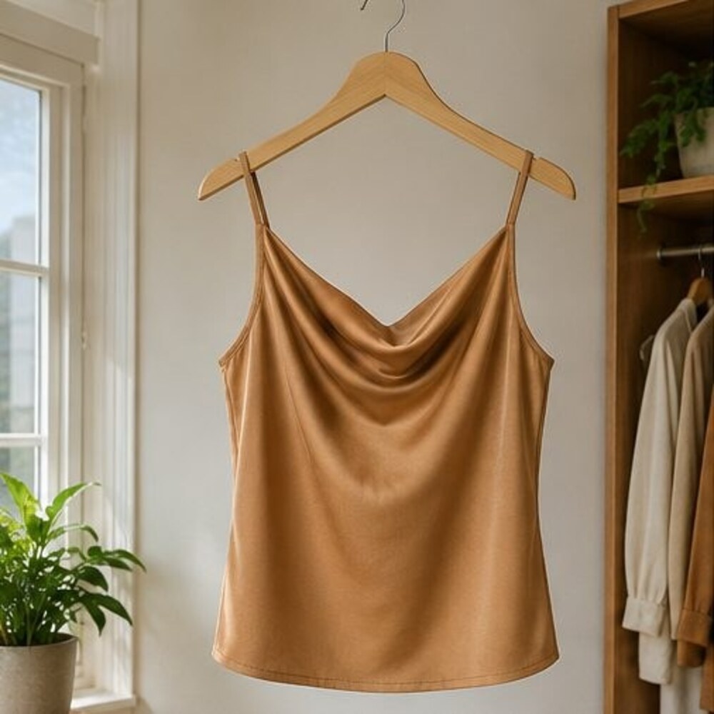 Camel Satin Cowl Neck Top